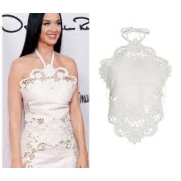 $3000 NEW Oscar de la Renta Leather Laser Cut Top Katy Perry White 2 4 6 Halter - Picture 1 of 7
